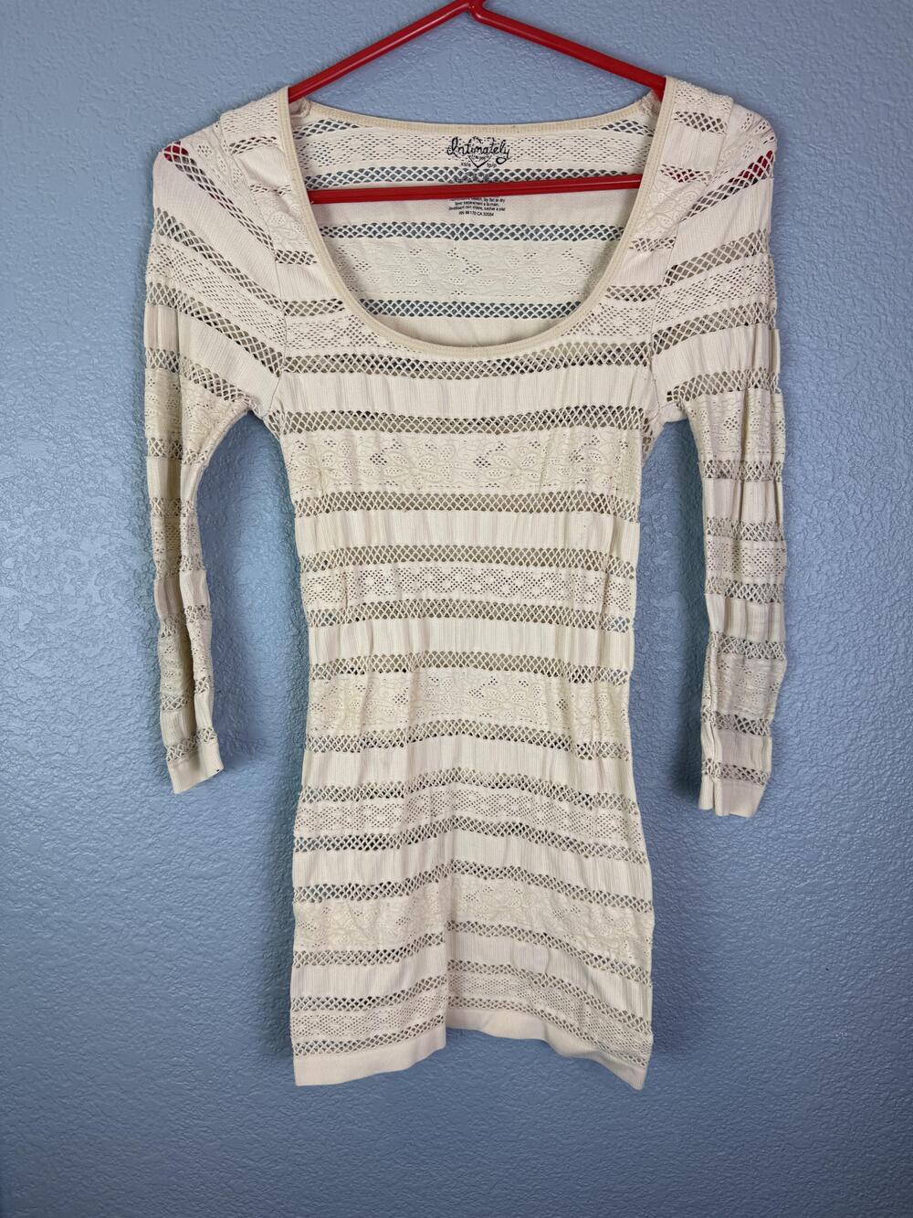 Free People Top Womens XS S Cream Lace Sheer Long Sleeve Boho Pullover Top